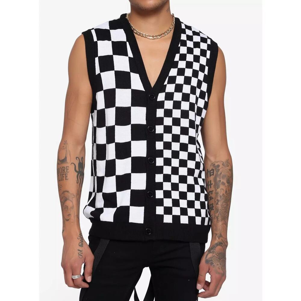 Hot Topic Split Black White Checkered Knit Sweater Vest Size XS Mens Goth Punk